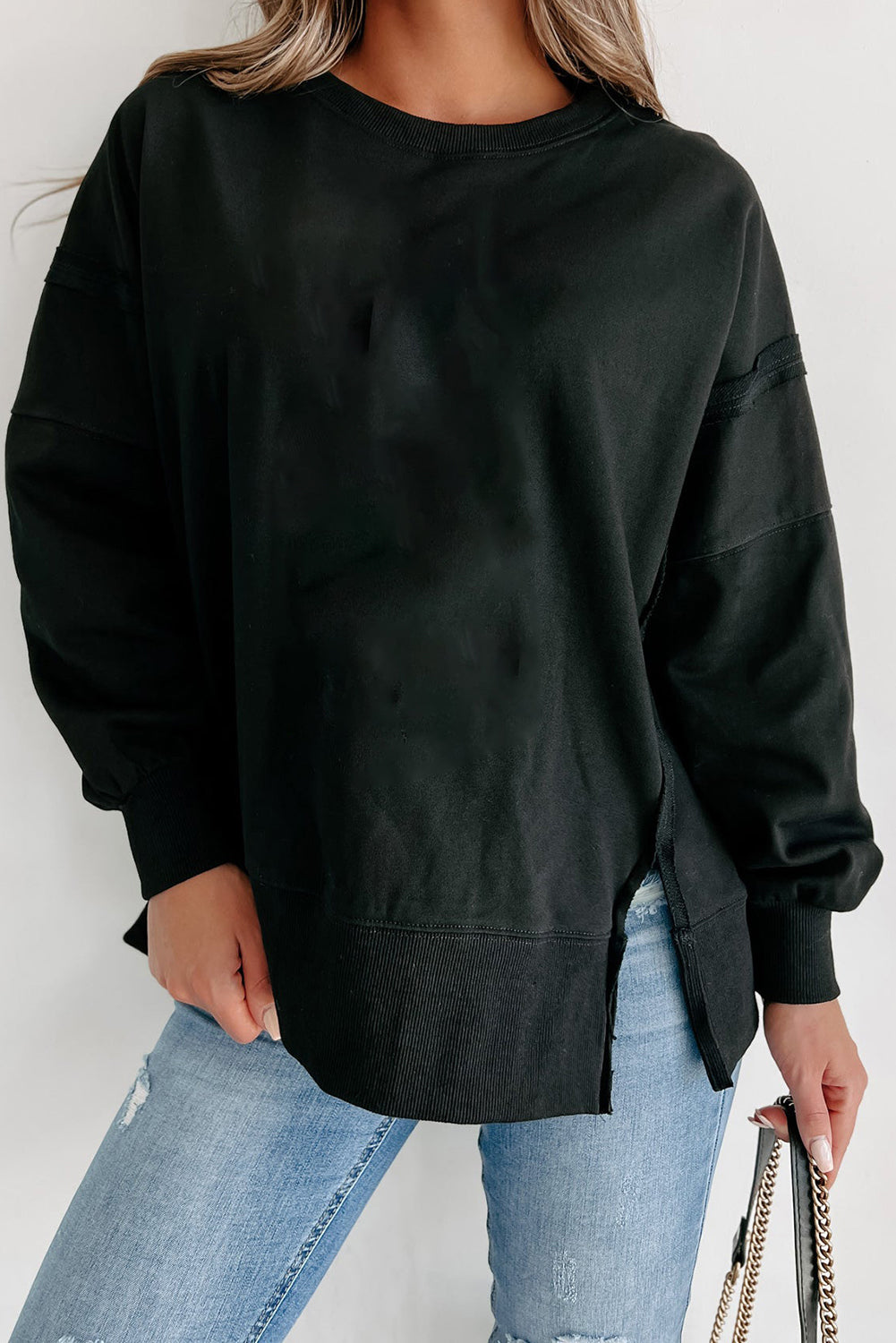 Exposed Seam Drop Shoulder Round Neck Sweatshirt with Slits