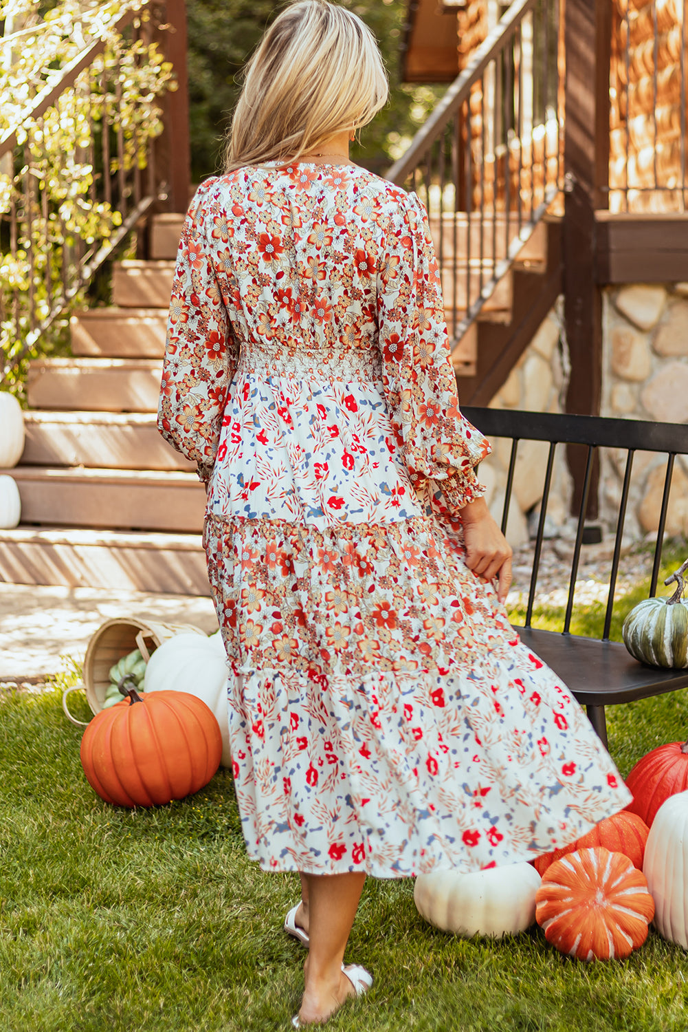 Floral Print Ruffled Tiered Long Sleeve V Neck Midi Dress