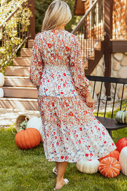 Floral Print Ruffled Tiered Long Sleeve V Neck Midi Dress