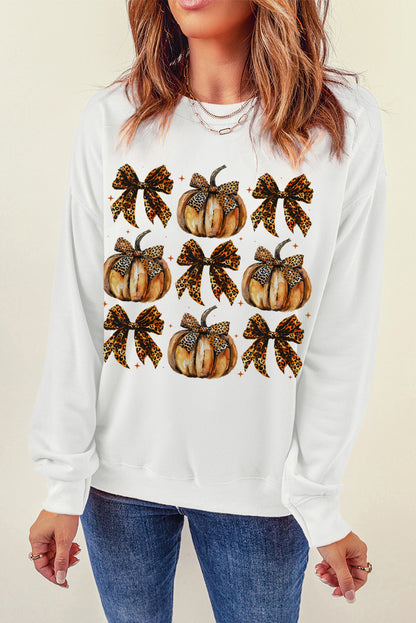 Pumpkin Leopard Bow Knot Print Pullover Sweatshirt