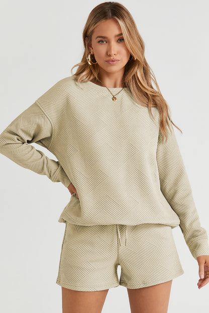 Textured Long Sleeve Top and Drawstring Shorts Set