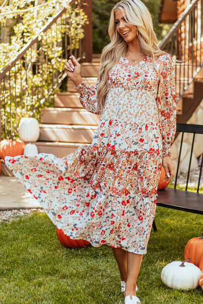 Floral Print Ruffled Tiered Long Sleeve V Neck Midi Dress