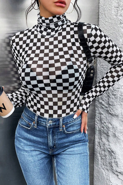 Checkered Printed Long Sleeve High Neck Bodysuit