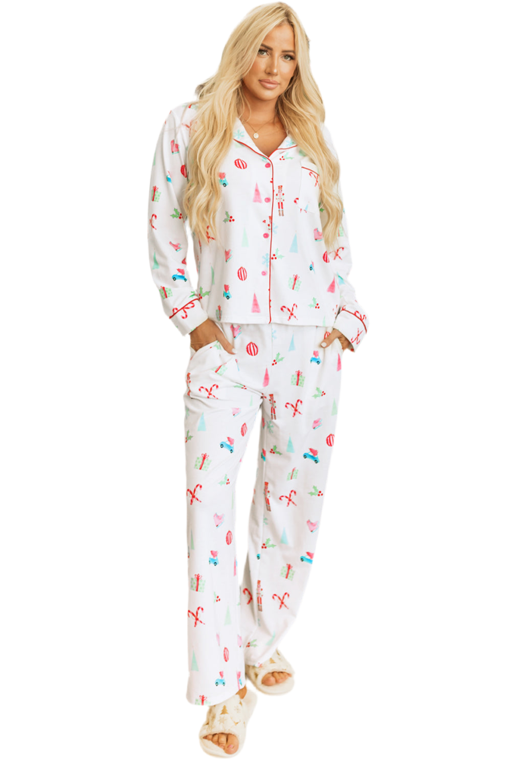 White Christmas Print Lapel Shirt and Pants Sleepwear