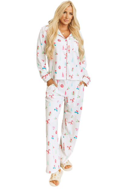 White Christmas Print Lapel Shirt and Pants Sleepwear