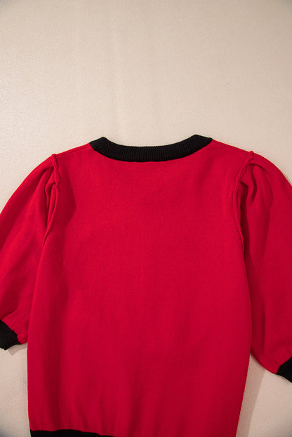 Red Sequin Color Block Puff Short Sleeve Sweater