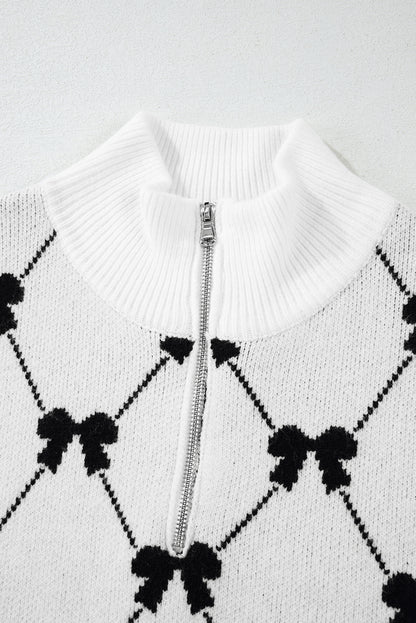 Preppy Vibes Bow Print Zipped Collar Sweater Tee