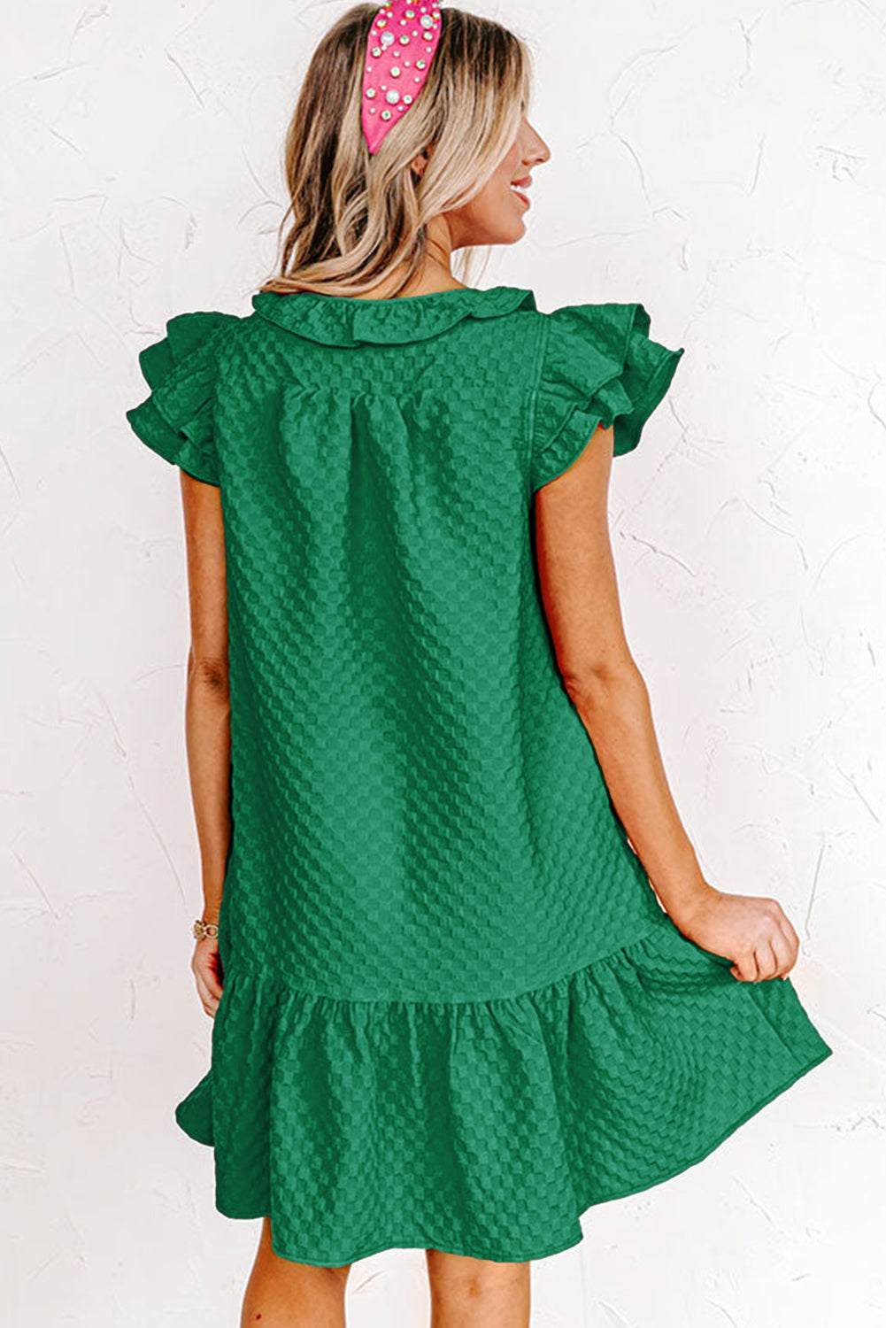 Flutter Sleeve Ruffled Textured Shift Dress