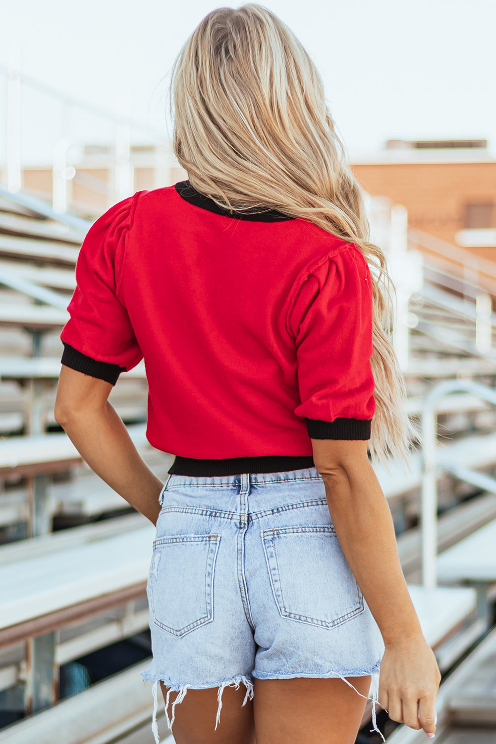 Red Sequin Color Block Puff Short Sleeve Sweater