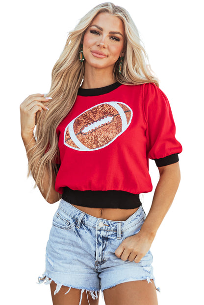 Red Sequin Color Block Puff Short Sleeve Sweater