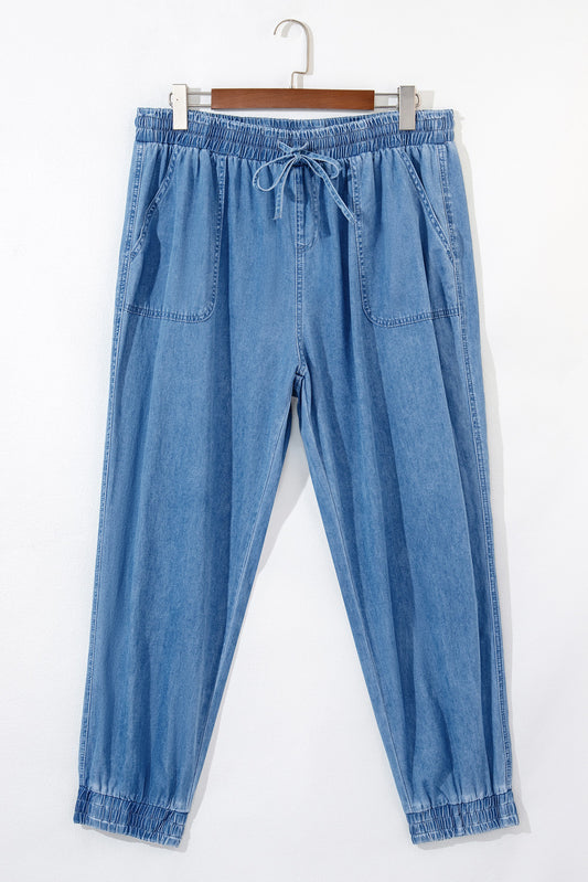 Mary; Drawstring Waist Pocketed Plus Size Denim Joggers