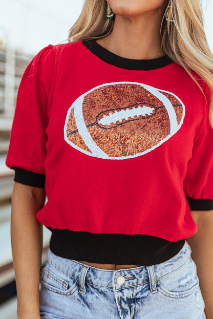 Red Sequin Color Block Puff Short Sleeve Sweater