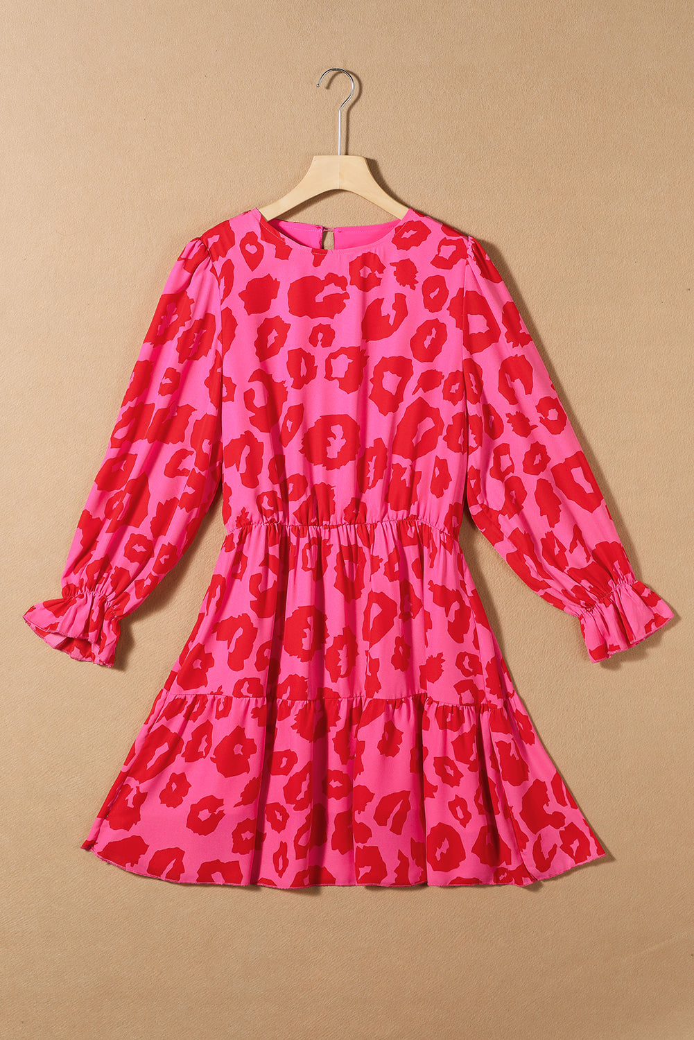 Rose Leopard Print Flounce Sleeve Ruffle Mini Dress