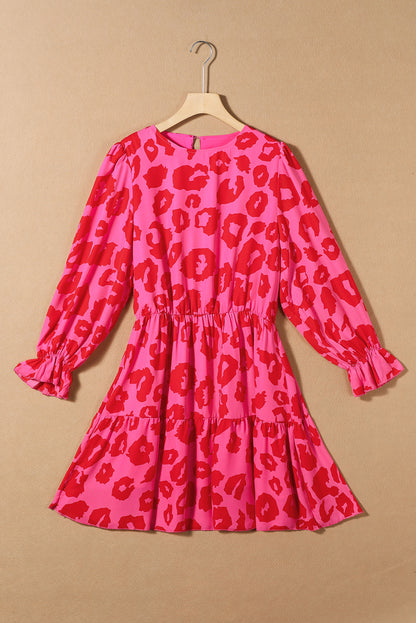 Rose Leopard Print Flounce Sleeve Ruffle Mini Dress