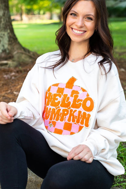 Terry Halloween Pumpkin Patched Pattern Pullover Sweatshirt