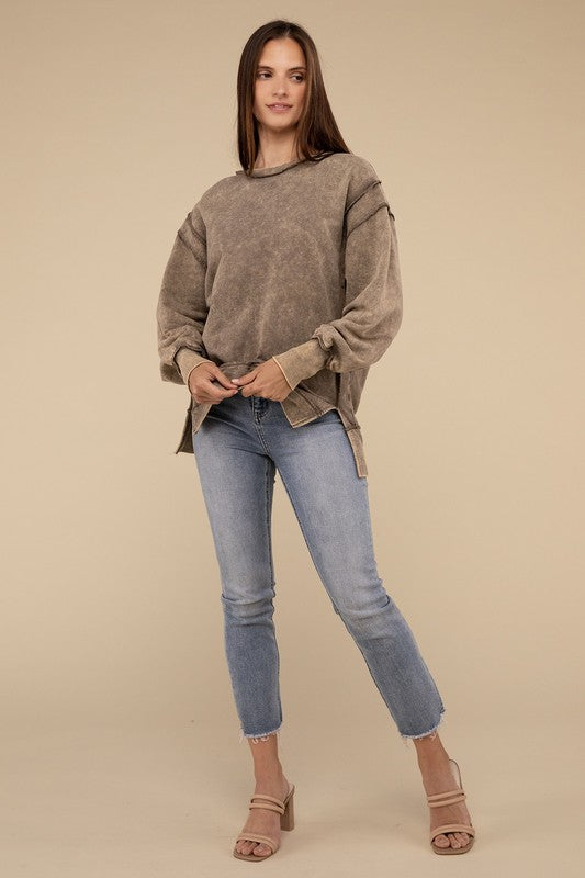 Zenana Acid Wash French Terry Exposed-Seam Sweatshirt