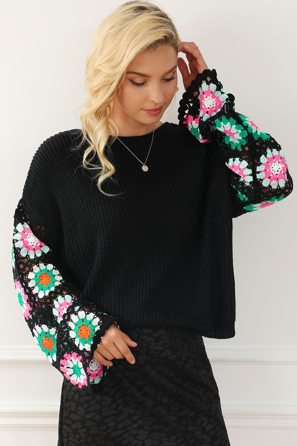 Floral Crochet Bell Sleeve Loose Sweater