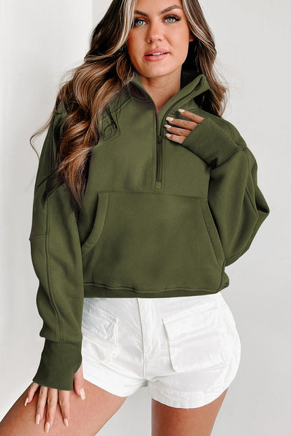 Fleece Lined Zip Up Stand Collar Thumbhole Sleeve Sweatshirt