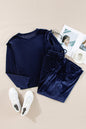 Charlee Navy Blue Solid Velvet Ruffled Two Piece Pants Set