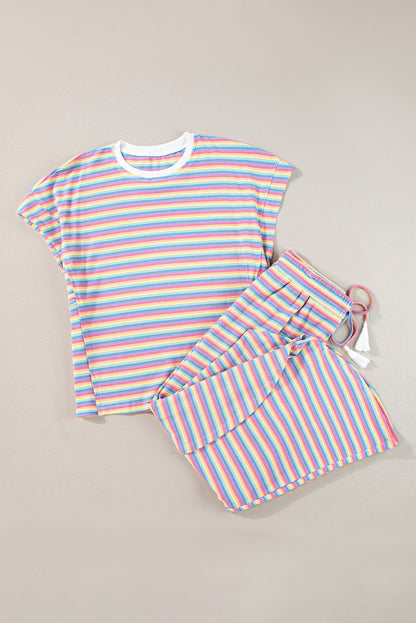 Pink Stripe Rainbow Tee Tasseled String Wide Leg Pants Set