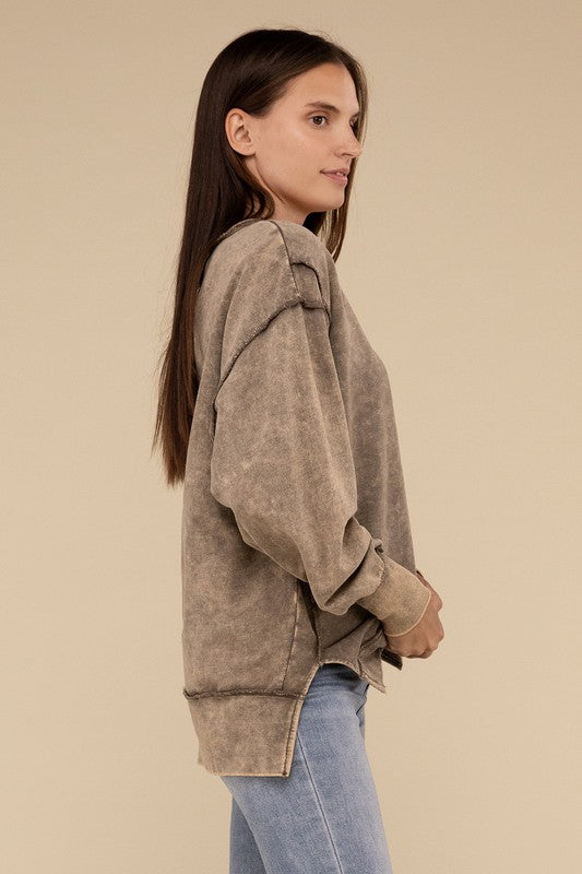 Zenana Acid Wash French Terry Exposed-Seam Sweatshirt