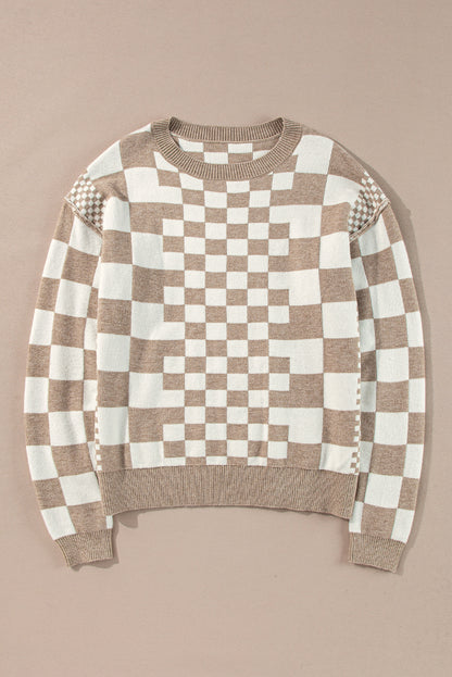 Checkered Print Drop Shoulder Round Neck Sweater