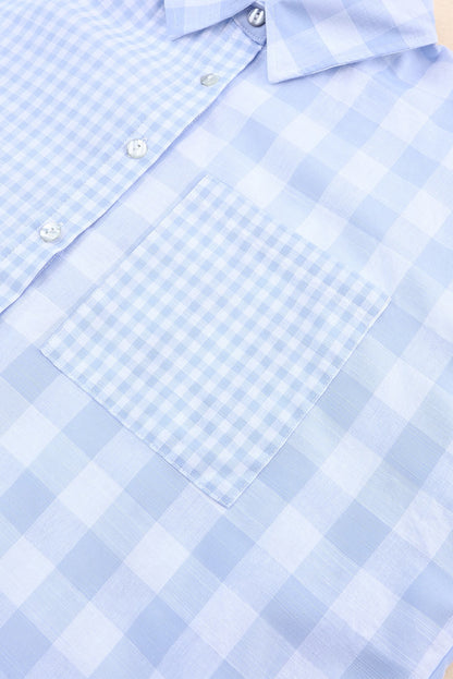 Sky Blue Mix Checked Patchwork Long Sleeve Shirt