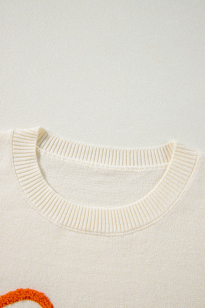 Boo Knitted Pattern Ribbed Edge Drop Shoulder Sweater