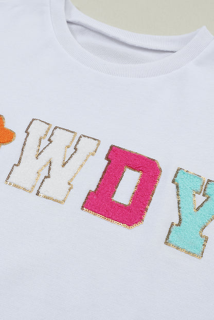 White Howdy Glitter Chenille Patch Graphic Casual Sweatshirt