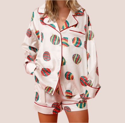 Printed Collared Neck Long Sleeve Top and Shorts Set