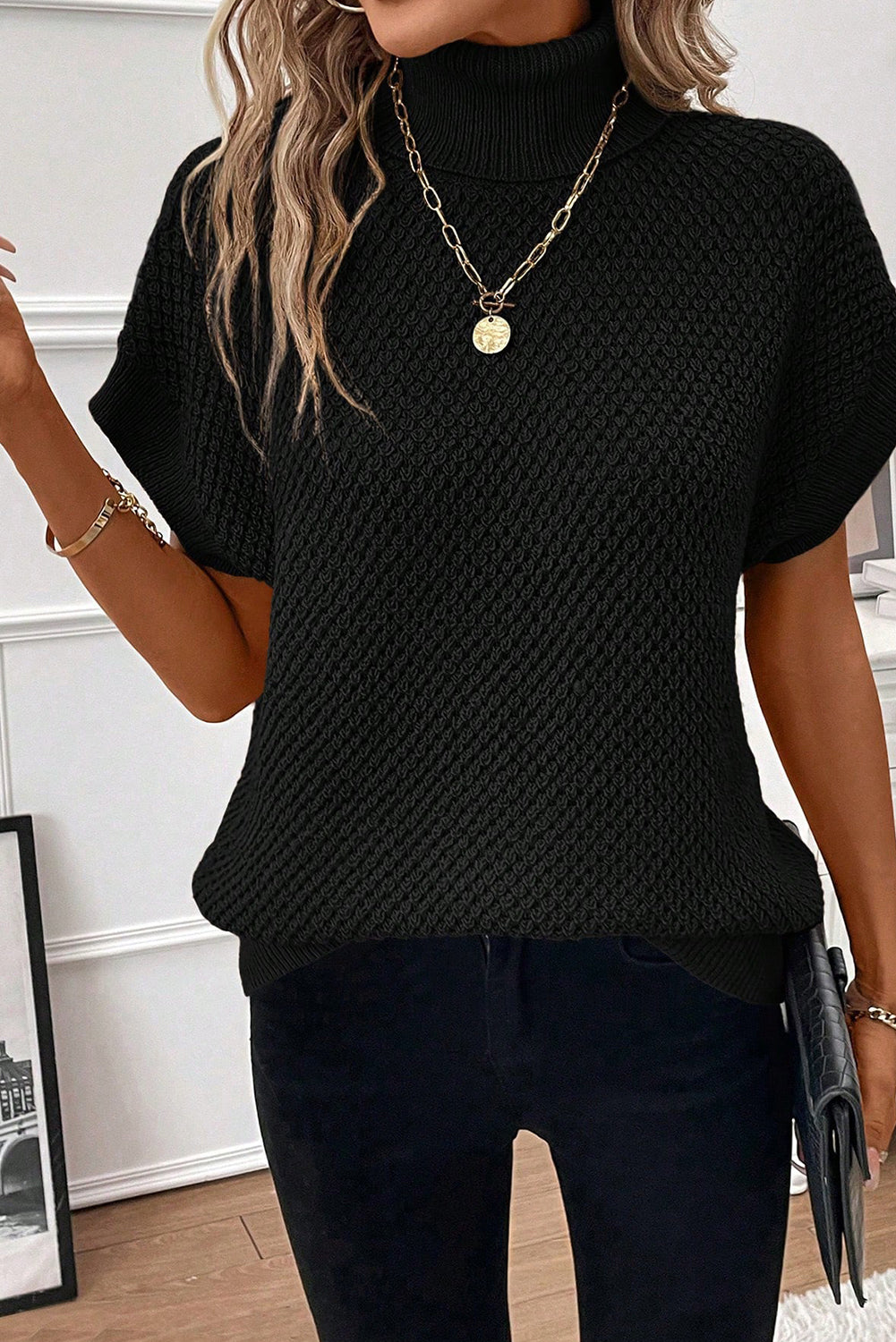 Turtleneck Textured Short Sleeve Sweater