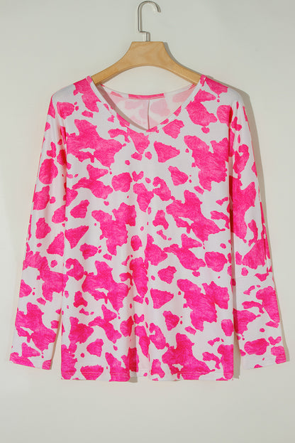 Rose Animal Print Long Sleeve V Neck Plus Size Top