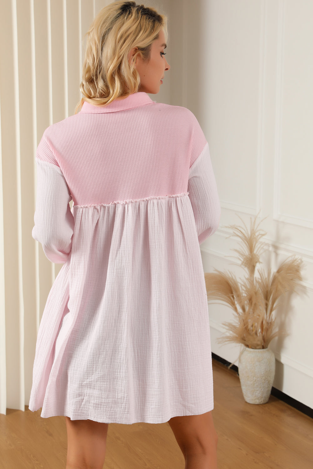 Pink Patchwork Crinkle Puff Sleeve Shirt Dress