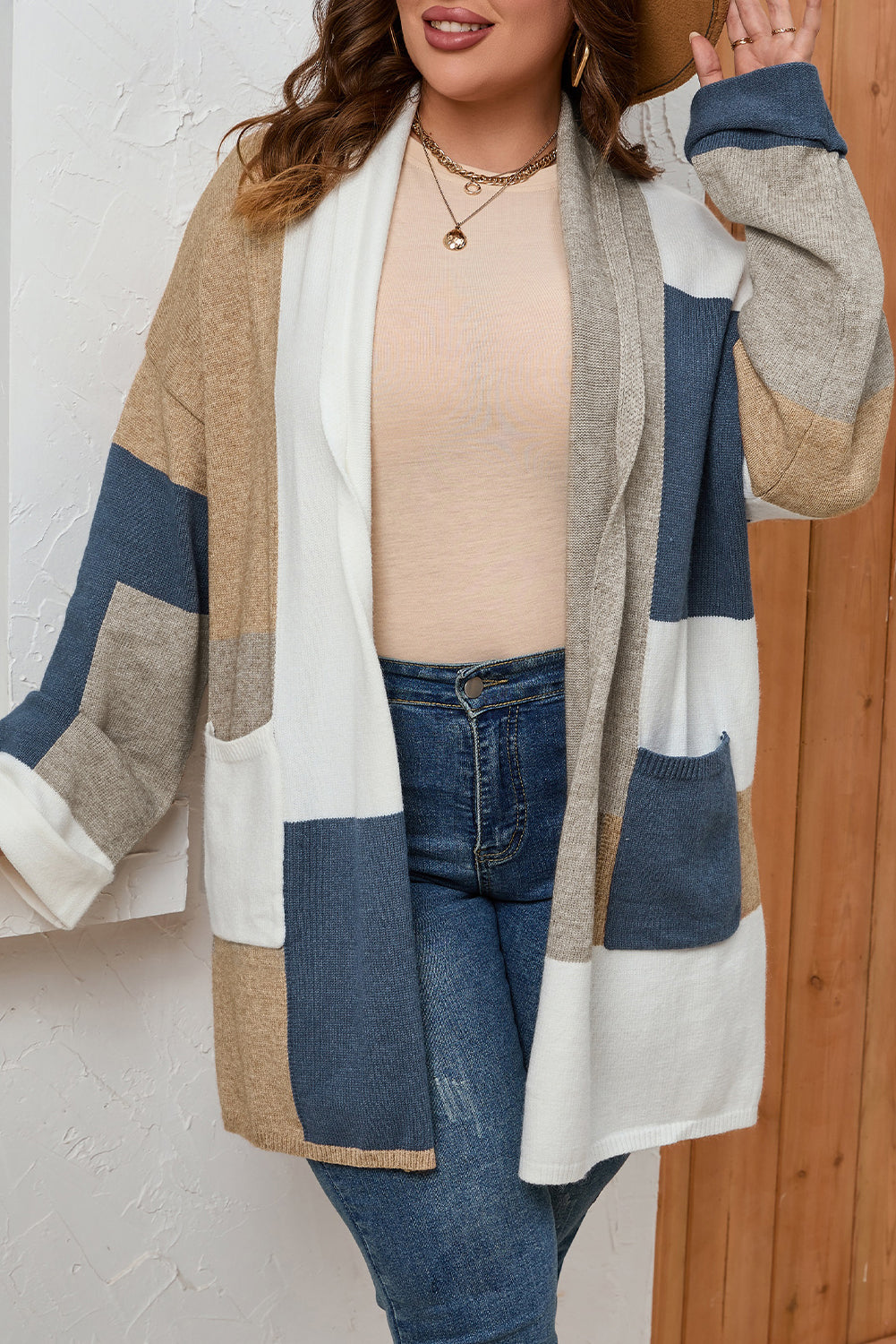 Multicolor Plus Size Colorblock Knit Cardigan