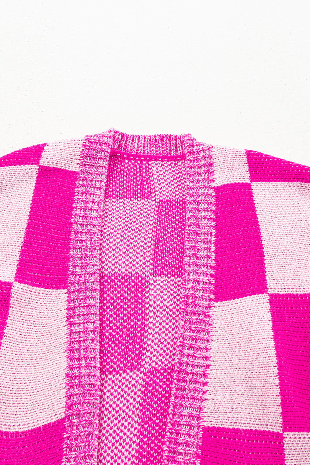 Bubblegum Pink Checkered Printed Ribbed Trim Open Front Cardigan