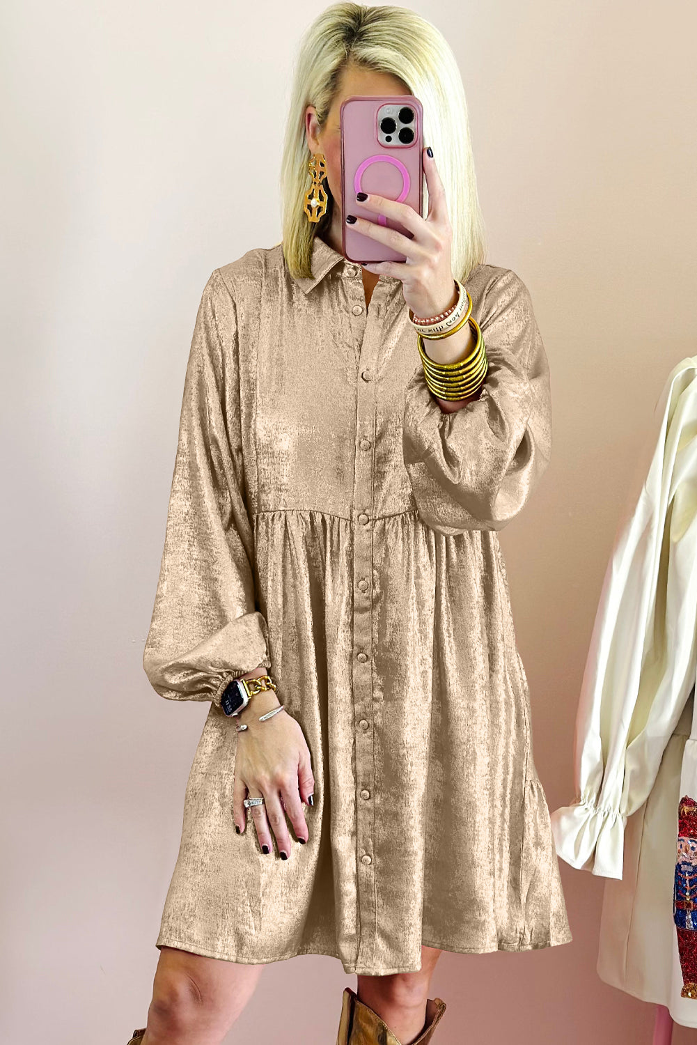 Metallic Sheen Puff Sleeve Button Up Mini Shirt Dress