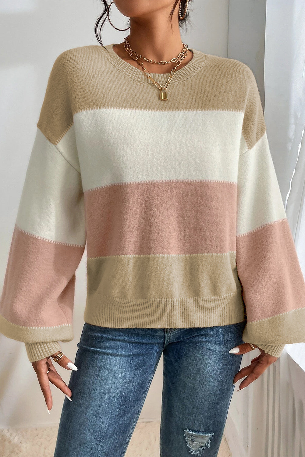 Color Block Lantern Sleeve Drop Shoulder Sweater