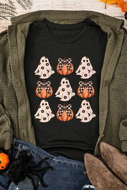 Halloween Ghost Pumpkin Print Crew Neck T Shirt