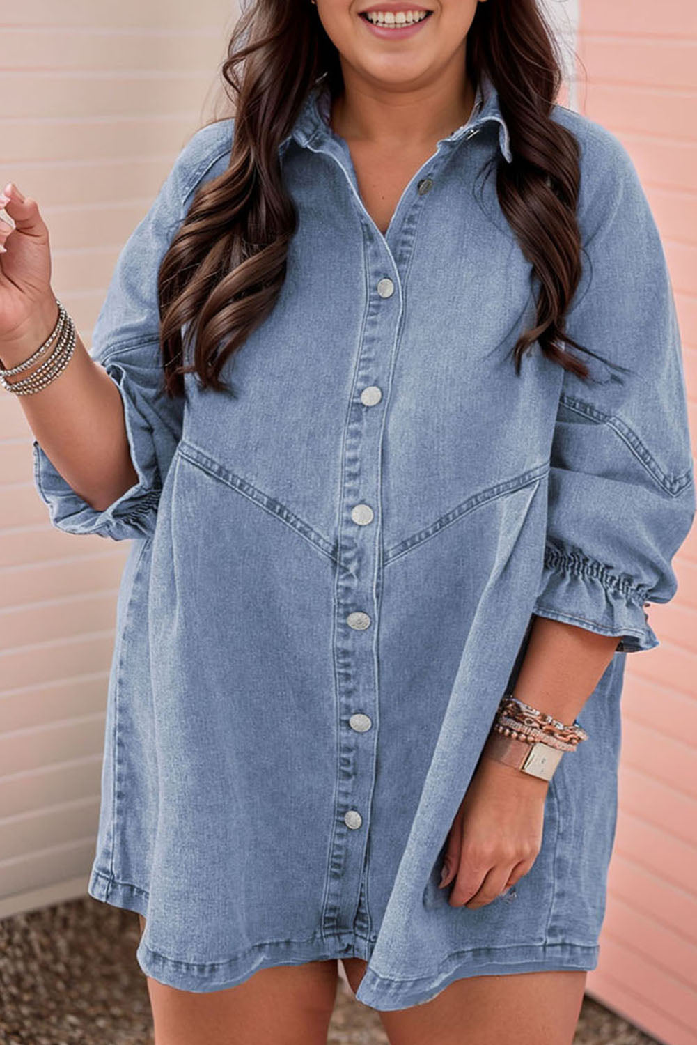 Ruffled 3/4 Sleeve Buttoned Front Plus Size Denim Dress