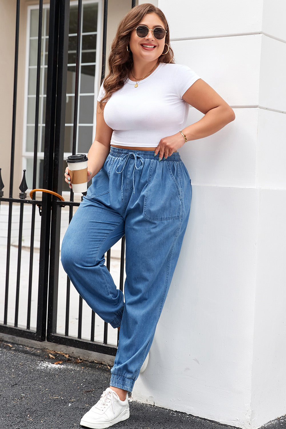 Mary; Drawstring Waist Pocketed Plus Size Denim Joggers