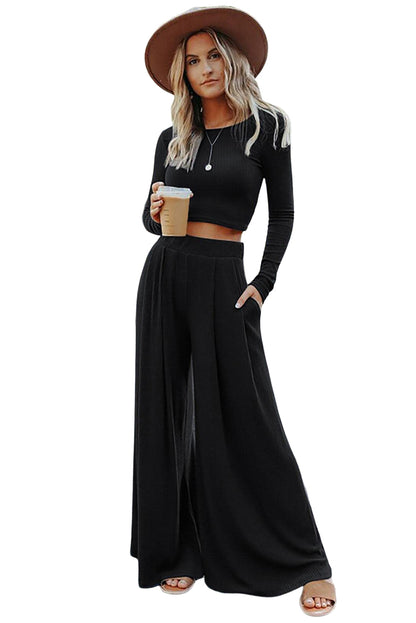 Ribbed Crop Top Long Pants Set