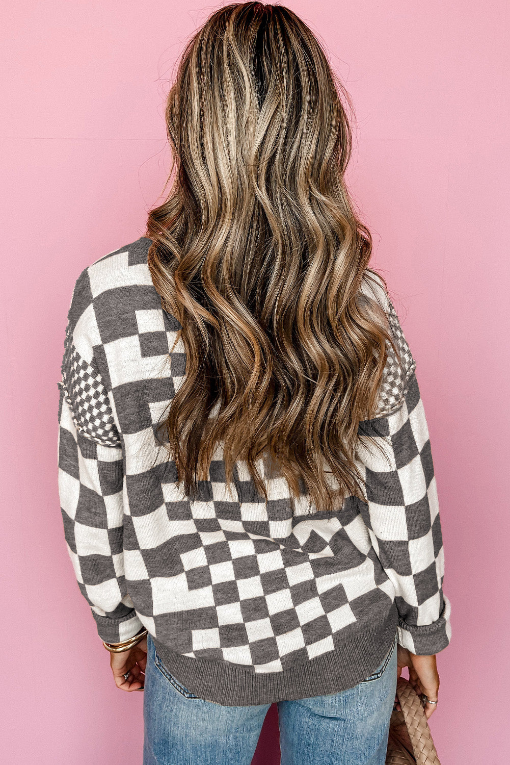 Checkered Print Drop Shoulder Round Neck Sweater