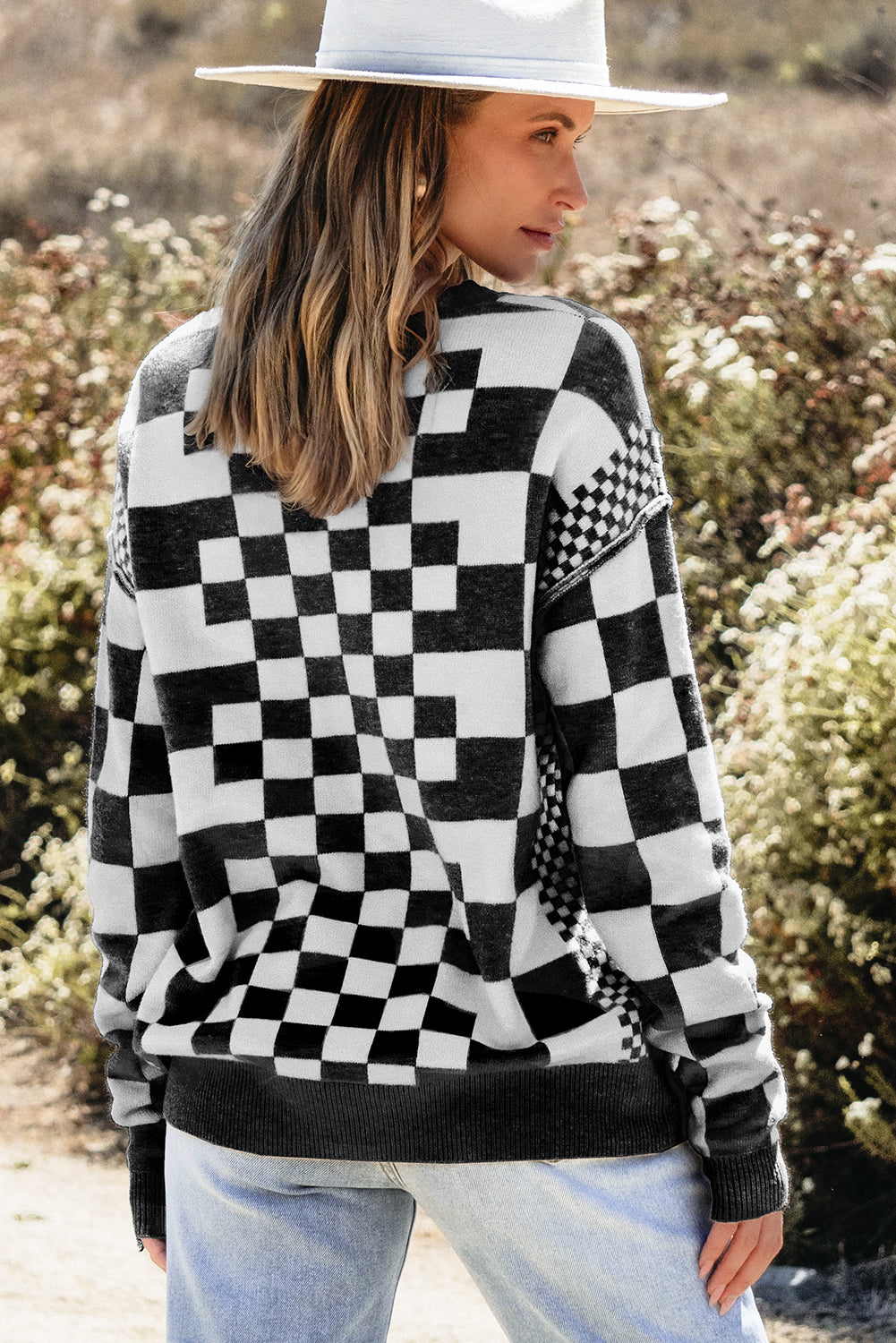 Checkered Print Drop Shoulder Round Neck Sweater