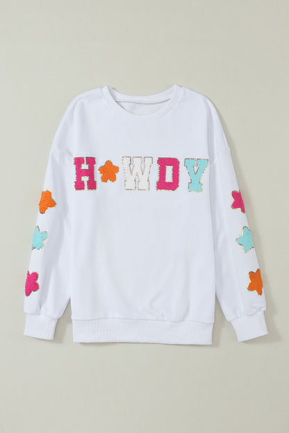 White Howdy Glitter Chenille Patch Graphic Casual Sweatshirt