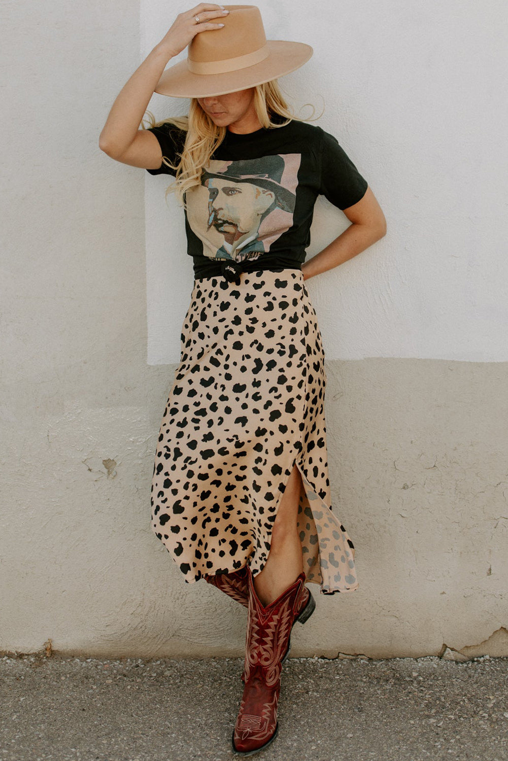 Leopard Spots Printed Split Hem Midi Skirt