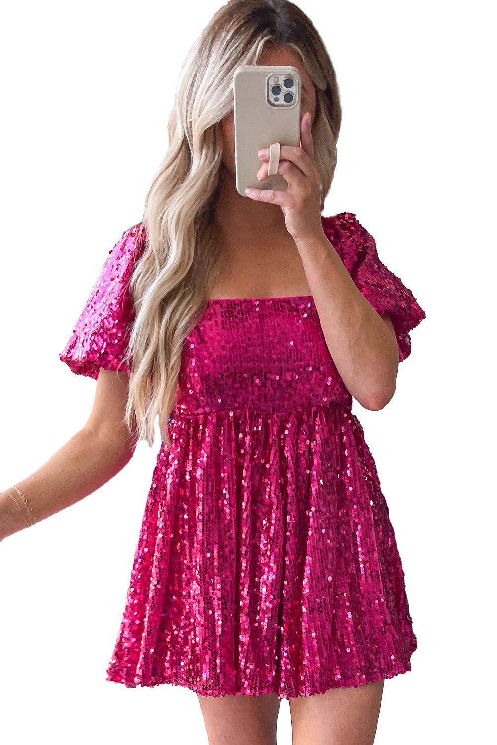 Pink Short Puff Sleeve Sequin Babydoll Romper