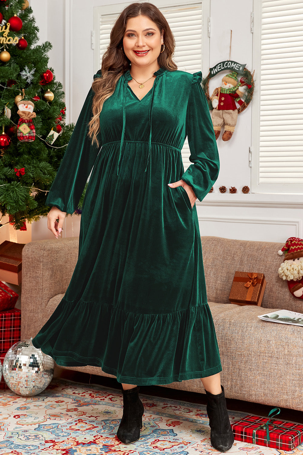 EverGreen Velvet Frilled up Neck Ruffled High Waist Plus Size Midi Dress