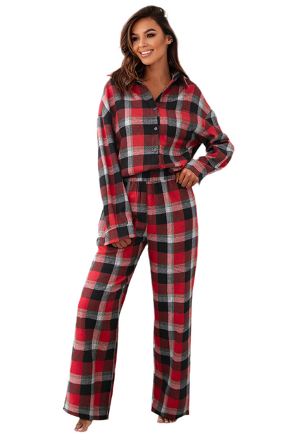 Red Christmas Checkered Pattern Loose Shirt and Pants Lounge Set