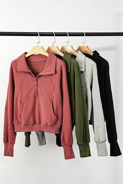 Fleece Lined Zip Up Stand Collar Thumbhole Sleeve Sweatshirt