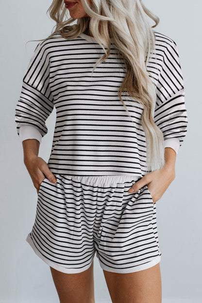 Stripe Textured 3/4 Sleeve Top and Shorts Set